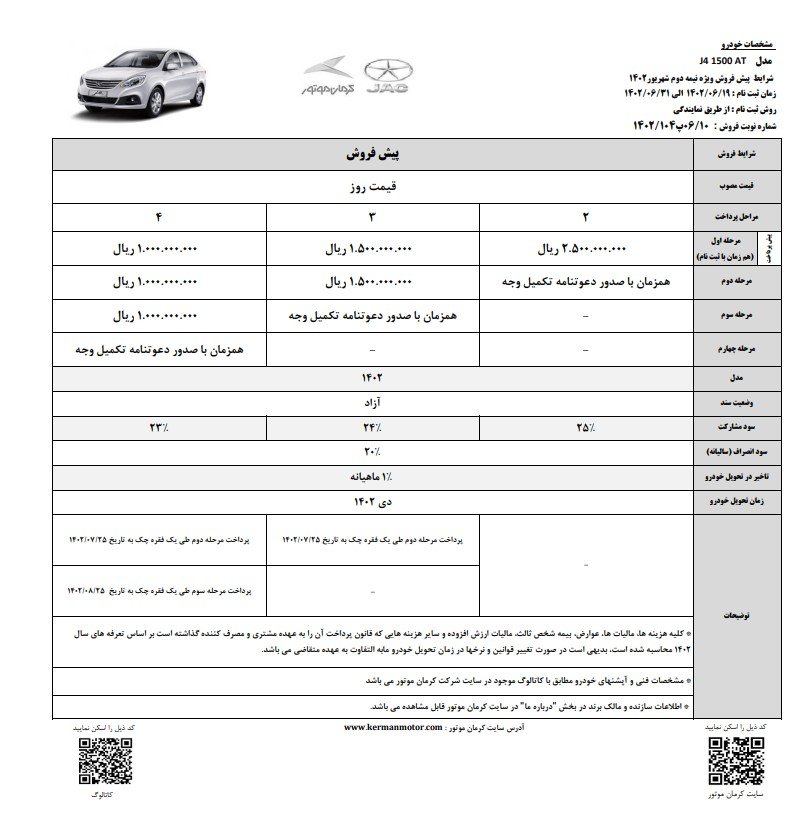 شرایط فروش جک J4 از سوی کرمان موتور اعلام شد + جدول شهریورماه 1402 3 شرایط پیش فروش جک J4