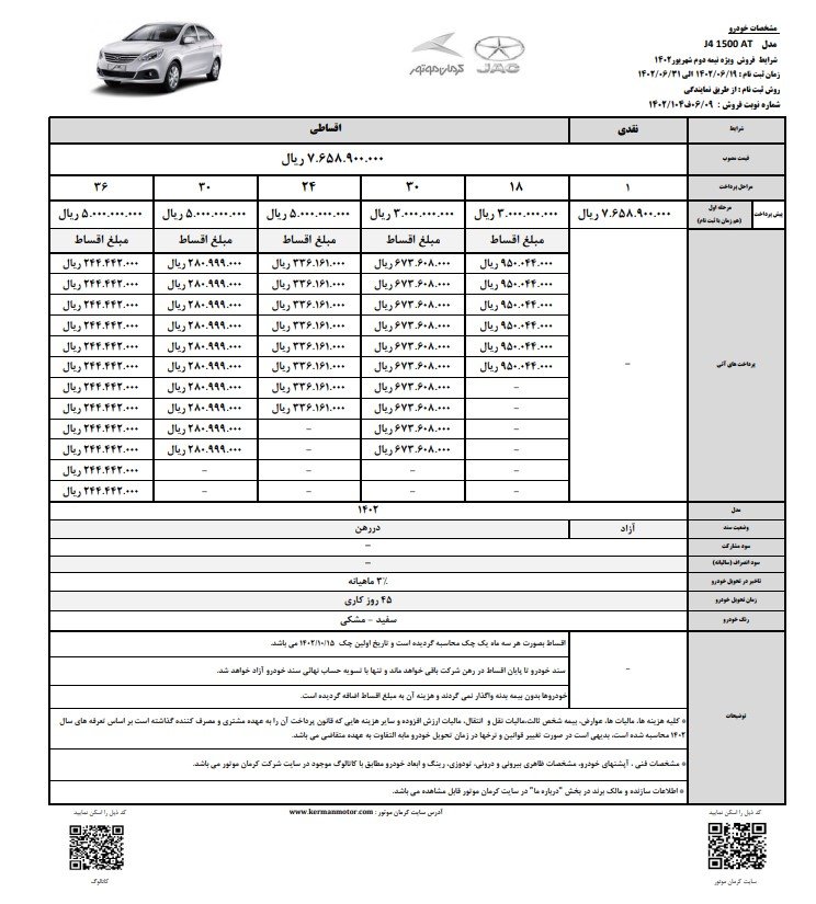 شرایط فروش نقد و اقساط جک J4