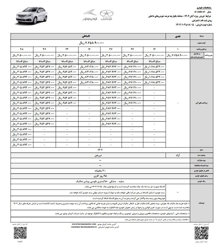 شرایط فروش کی ام سی T8 و جک J4 از سوی کرمان موتور اعلام شد + جدول 3 شرایط فروش جک J4