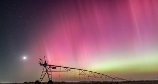 شفق قطبی درخشانی بر فراز آسمان پرستاره می‌درخشد، که قطعاً منظره‌ای ناآشنا برای شب‌های جنوب جورجیا است.