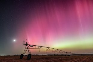 شفق قطبی درخشانی بر فراز آسمان پرستاره می‌درخشد، که قطعاً منظره‌ای ناآشنا برای شب‌های جنوب جورجیا است.