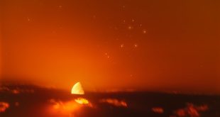 همانطور که از آلبرتا، کانادا مشاهده می‌شود؛ ماه زمین، آسمان شرقی را با ستارگان هفت خواهر در خوشه پروین، تقسیم کرد.