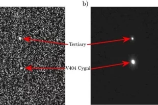 سیستم سیاه‌چاله سه‌تایی در نور مرئی (چپ) و فروسرخ نزدیک (راست)